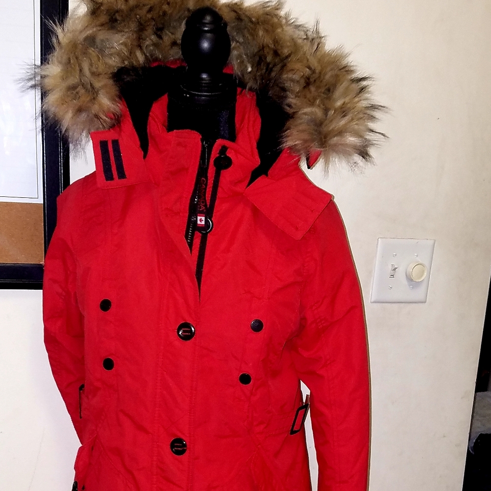Canada weather gear red down coat.